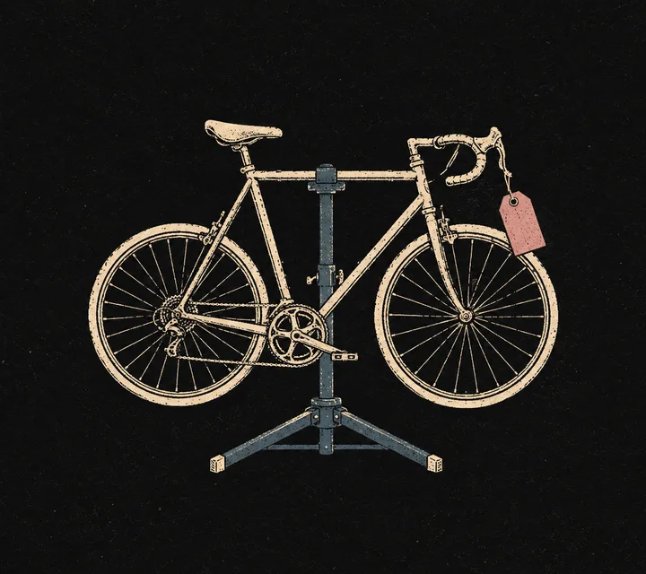 Risograph illustration: a bicycle on a repair stand with a job ticket