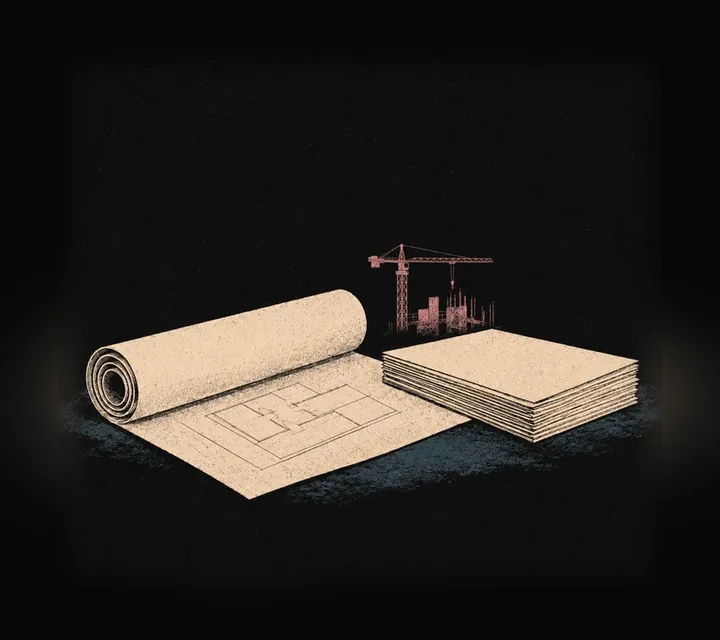 Risograph illustration: an unrolled architectural drawing with submittal papers and a crane