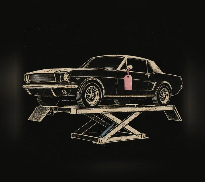 Risograph illustration: a car on a service ramp with a job ticket