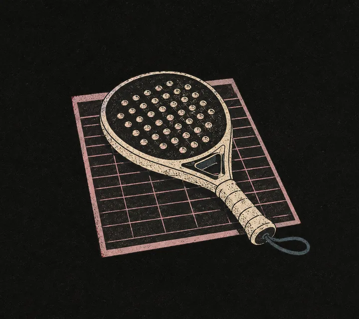 Risograph illustration: a padel racket on a booking sheet resolving into a timetable