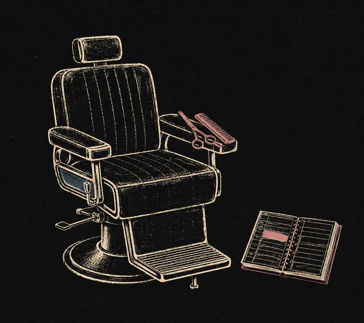 Risograph illustration: a barber chair with scissors and an appointment book